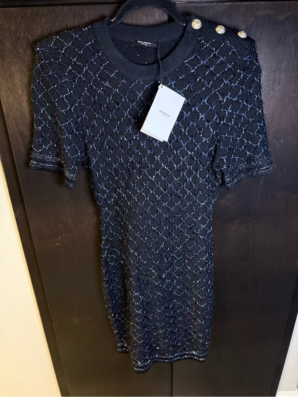 Balmain Navy Sparkle Knit Short Sleeve Dress with Gold Buttons